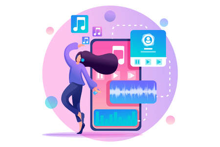 Young teenage girl listening to music and dancing, music lover. Flat 2D character. Concept for web design.のイラスト素材