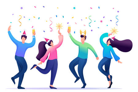 Young people at a Christmas corporate party, dancing, having fun. Flat 2D character. Concept for web design.のイラスト素材