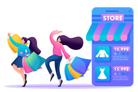 Young girl girlfriends buy clothes online and have fun, friendship. Flat 2D character. Concept for web design.のイラスト素材