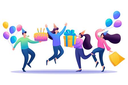 Celebrate the birthday in a circle of best friends, friendship. Flat 2D character. Concept for web design.のイラスト素材