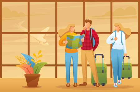 Explore the city map of your holiday, tourists explore the map at the airport. Flat 2D character. Illustration concept for animation and web design.のイラスト素材