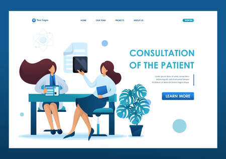 Young woman doctor advises the patient. Health care concept. Flat 2D character. Landing page concepts and web design.のイラスト素材