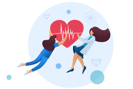 Womens holding a beating heart personifying the care of about the health of the patient. Flat 2D character. Concept for web design.のイラスト素材