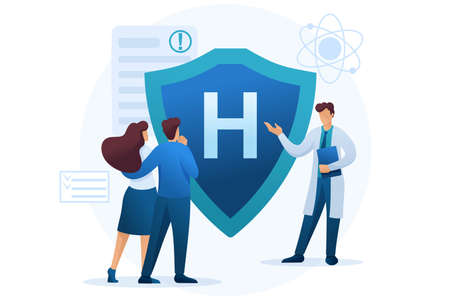 Young doctor offers health insurance to the couple. Flat 2D character. Concept for web design.のイラスト素材