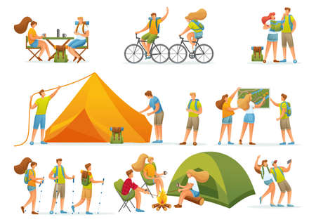 Set of 2D concepts, outdoor activities, camping. For vector illustrations.のイラスト素材