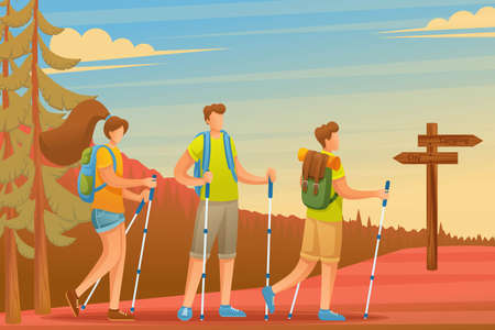 Young people actively spend holidays, Nordic walking in the woods. Flat 2D character. Concept for web design.のイラスト素材