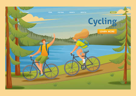 Young people on a bike ride, Cycling, camping. Outdoor recreation. Flat 2D character. Landing page concepts and web design.のイラスト素材