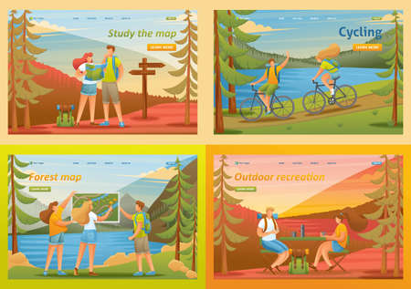 Set 2D Flat concepts outdoor activities, camping young people. For Landing page concepts and web design.のイラスト素材
