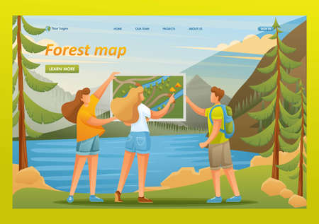 Young people are studying a map on the lake in the woods, camping. Flat 2D character. Landing page concepts and web design.のイラスト素材