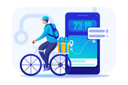 Young man on a Bicycle delivers orders. Courier Delivery. Flat 2D character. Concept for web design.のイラスト素材