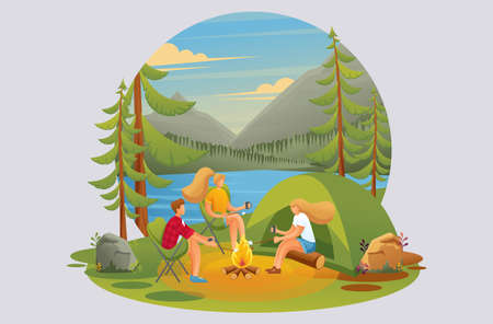 Young people near a fire in the woods on the background of a lake, camping. Flat 2D characters. Concept for web design.のイラスト素材