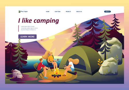 Outdoor recreation friends by the fire at sunset, camping. Flat 2D character. Landing page concepts and web design.のイラスト素材