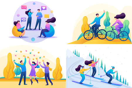 Set 2D Flat concepts, Young people have fun and rejoice, friendship. For Concept for web design.のイラスト素材