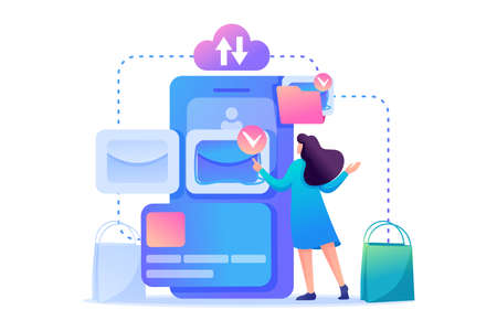 Online shopping, the girl chooses clothes in the network. Flat 2D character. Concept for web design.のイラスト素材
