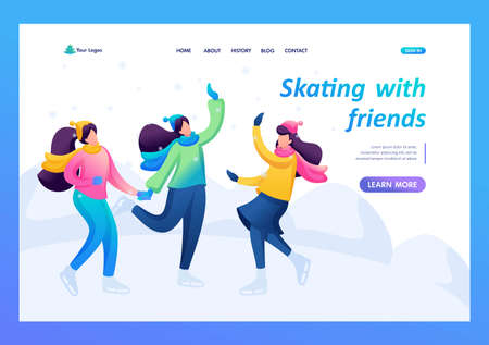 Girlfriends skate, have fun, rejoice, laugh, friendship. Flat 2D character. Landing page concepts and web design.のイラスト素材