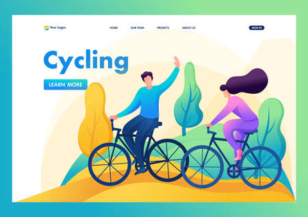 Friends ride a bike in the forest, rest, entertainment, walk, friendship. Flat 2D character. Landing page concepts and web design.のイラスト素材