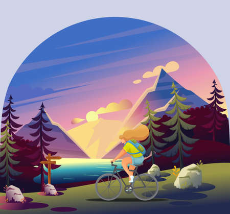 Active Recreation in the Forest. Girl Uses the Route for a Bicycle Ride. Beautiful View Of The Forest, Lake, Sunset, Mountains. Flat 2D Character.のイラスト素材