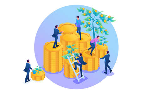 Isometric Income from investments, businessmen collect profits and reinvest money. Concept for web design.のイラスト素材