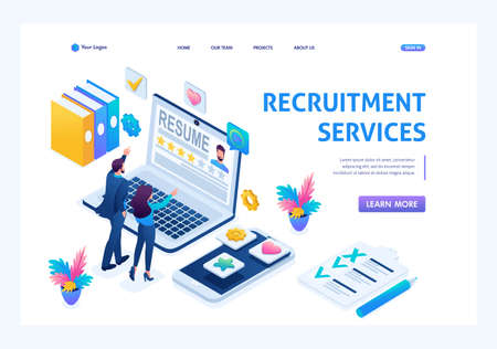 Isometric HR Manager, Service to find employees, managers consider candidates, applicants. Landing page concepts and web design.のイラスト素材