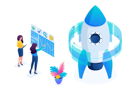 Isometric start up of a business project, a business woman working on a virtual screen. Concept for web design.のイラスト素材