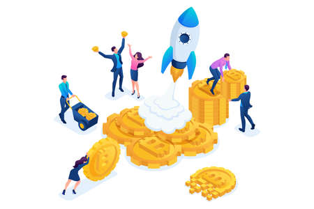 Isometric ICO crowdfunding in the cryptocurrency business have money to invest in project. Concept for web design.のイラスト素材