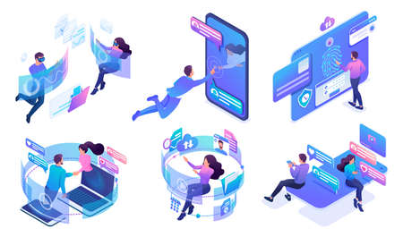 Isometric set of bright concepts of virtual communication in social networks. Online communication via mobile applications.のイラスト素材