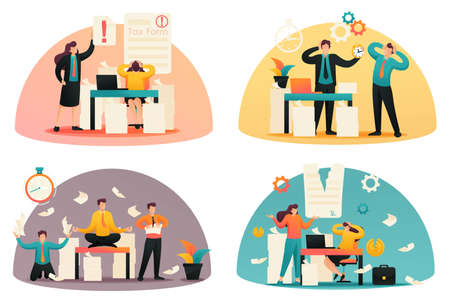 Flat 2D concepts Time of tax payments, Completing the tax form, Stressful situation. Concept for web design.のイラスト素材