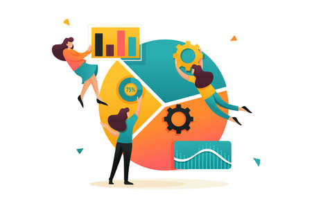 Large chart and a set of analytical data, data collection and employees. Flat 2D character. Concept for web design.のイラスト素材