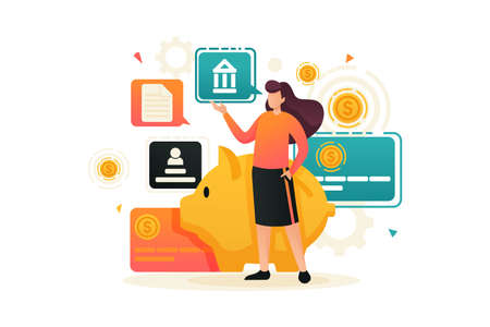 Young girl demonstrates her investment plan, investment and profit growth, Bank deposit. Flat 2D character. Concept for web design.のイラスト素材