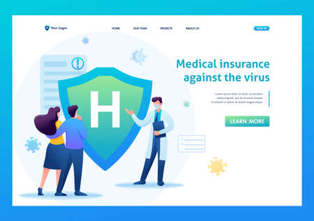 Protect yourself from the virus, health insurance. Keeps a social distance and wears masks. Flat 2D. Vector illustration for a landing page.のイラスト素材
