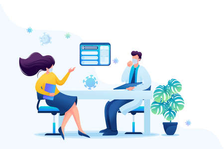 Keeping a distance in the doctor's office. Keeps a social distance and wears masks. Flat 2D. Vector illustration web design.のイラスト素材