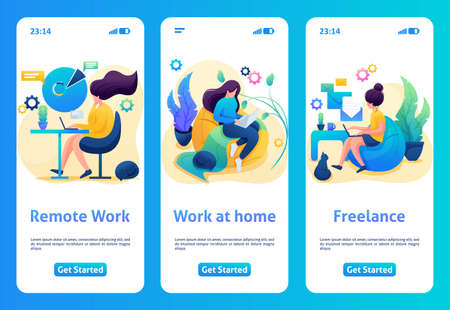 Mobile app design, template. 2D character stays at home, quarantined. Girl works as a freelancer, at a remote job.のイラスト素材