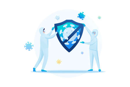 Medical staff in protective suits to protect against the virus. Keeps a social distance. Flat 2D. Vector illustration web design.のイラスト素材