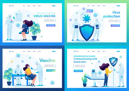 Virus vaccine. Set of landing pages of illustrations during the epidemic. 2D characters.のイラスト素材