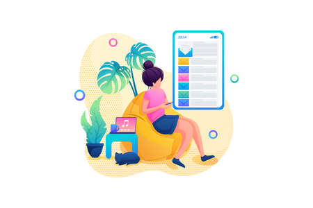 Young girl parses letters in the mail, remote work. Flat 2D. Vector illustration web design.のイラスト素材