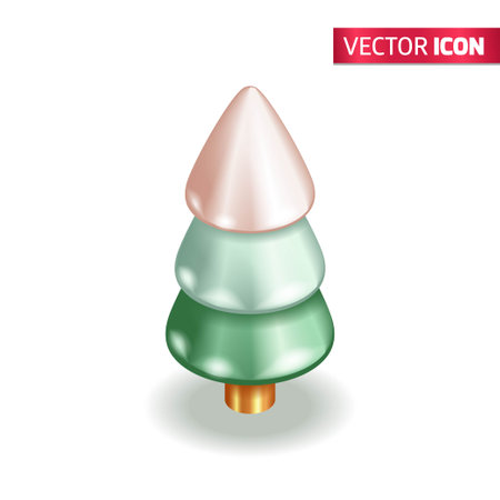 Realistic 3D Isometric illustration, Cartoon. Christmas tree in snow. Abstract decorative green festive conical shape tree. Isolated on white background. Vector for websiteのイラスト素材
