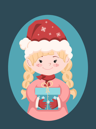 Christmas Illustration for use as a Card Design. Little Girl with beautiful pigtails and a hat, holding gifts in her hands. Vector Illustrationのイラスト素材