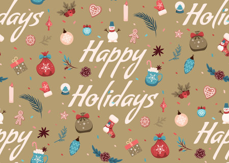 Christmas and New Year Seamless Pattern with Christmas Elements. Lettering Happy Holidays. Vector...