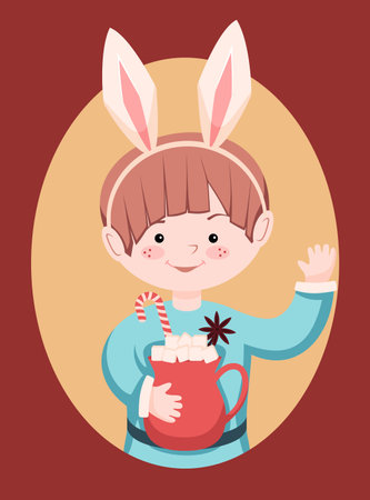 Christmas Illustration for use as a Card Design. Little Boy Holds cocoa with marshmallows in his hands. Vector Illustrationのイラスト素材