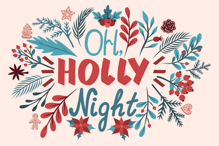 Christmas and Happy New Year Card template. Bright Card Decorated with pine branches, mistletoe, winter plants and flowers. Holly night. Vector design elementのイラスト素材