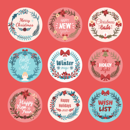 Set of Christmas emblems with a wreath of branches and flowers. Christmas lettering. Festive set for the design of plates, cards, letters, postcardsのイラスト素材