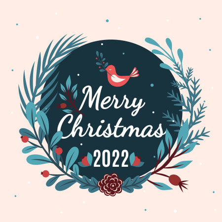 Christmas and Happy New Year Card template. Decorated with pine branches, mistletoe, winter plants, flowers and bird. Merry Christmas. Vector design 2022のイラスト素材