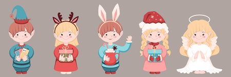 Set of cute kids in Christmas Costumes. Boy in an Elf costume with letters, Boy with bunny ears, Girl with a gift and deer horns, Girl dressed as an Angelのイラスト素材