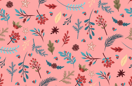 Cute Seamless Pattern with floral elements and twigs Elements. Illustration for decorating Vector Images. Merry Christmas. Texture for printing and clothing designのイラスト素材