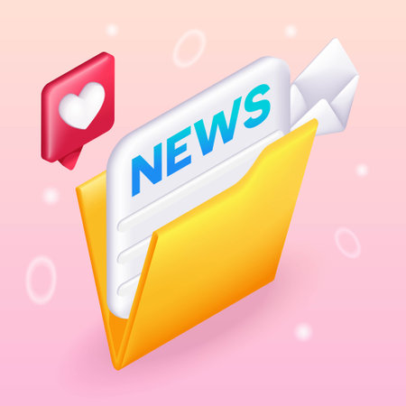 Trending 3D Isometric, cartoon icon of the news newspaper in the folder received by mail. Like icon. Vector illustration for websiteのイラスト素材