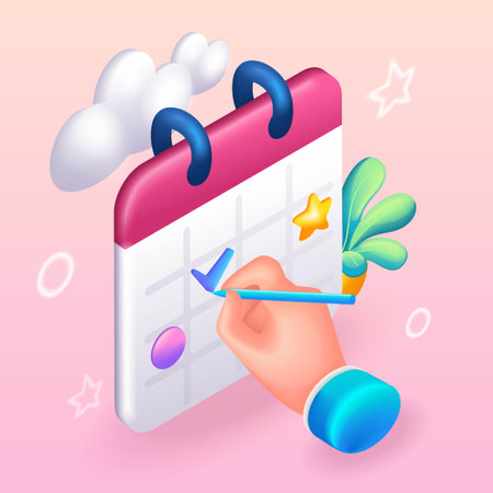 Trending 3D Isometric, cartoon Calendar icon for planning the day. Hand marks the tasks for the day. Vector illustration for websiteのイラスト素材