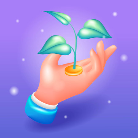 Trending 3D Isometric, cartoon icon. Business hand holds a sprout on a gold coin. Investment. The concept of enrichment. Vector illustration for websiteのイラスト素材