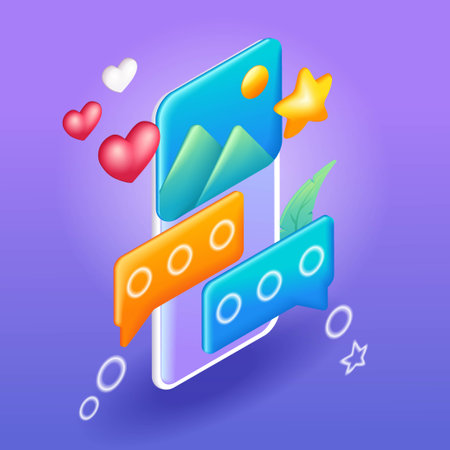 Trending 3D Isometric, cartoon icon. Smartphone with interface post on social network. 3d Chat bubble. Vector illustration for websiteのイラスト素材
