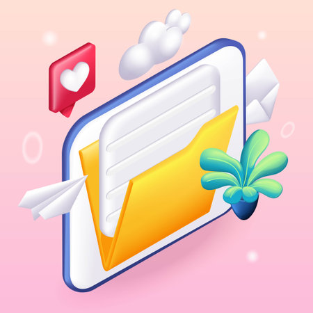 Trending 3D Isometric, cartoon icon. File transfer concept. Yellow folder with document on computer monitor. Vector illustration for websiteのイラスト素材