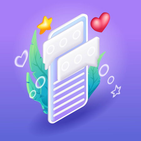 Trending 3D Isometric, cartoon illustration. Electronic chatting on cell phone. Smartphone sms speech bubbles push alerts on screen. Vector icons for websiteのイラスト素材
